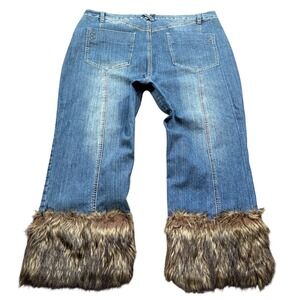 RARE Y2K Bratz Doll Faux Fur Trim Wide Leg Studded Denim Pants Blue Size 17/18